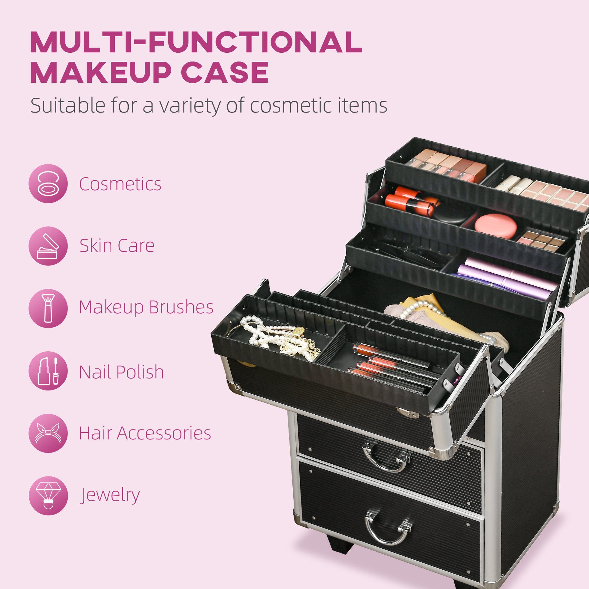 Black multifunctional makeup case with various cosmetic items and jewelry inside