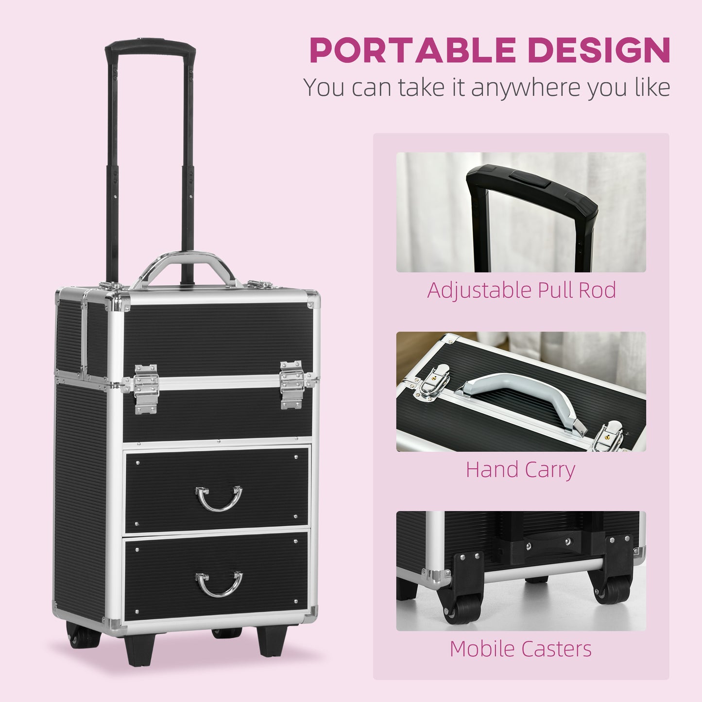 Black rolling makeup case with silver trim and two drawers