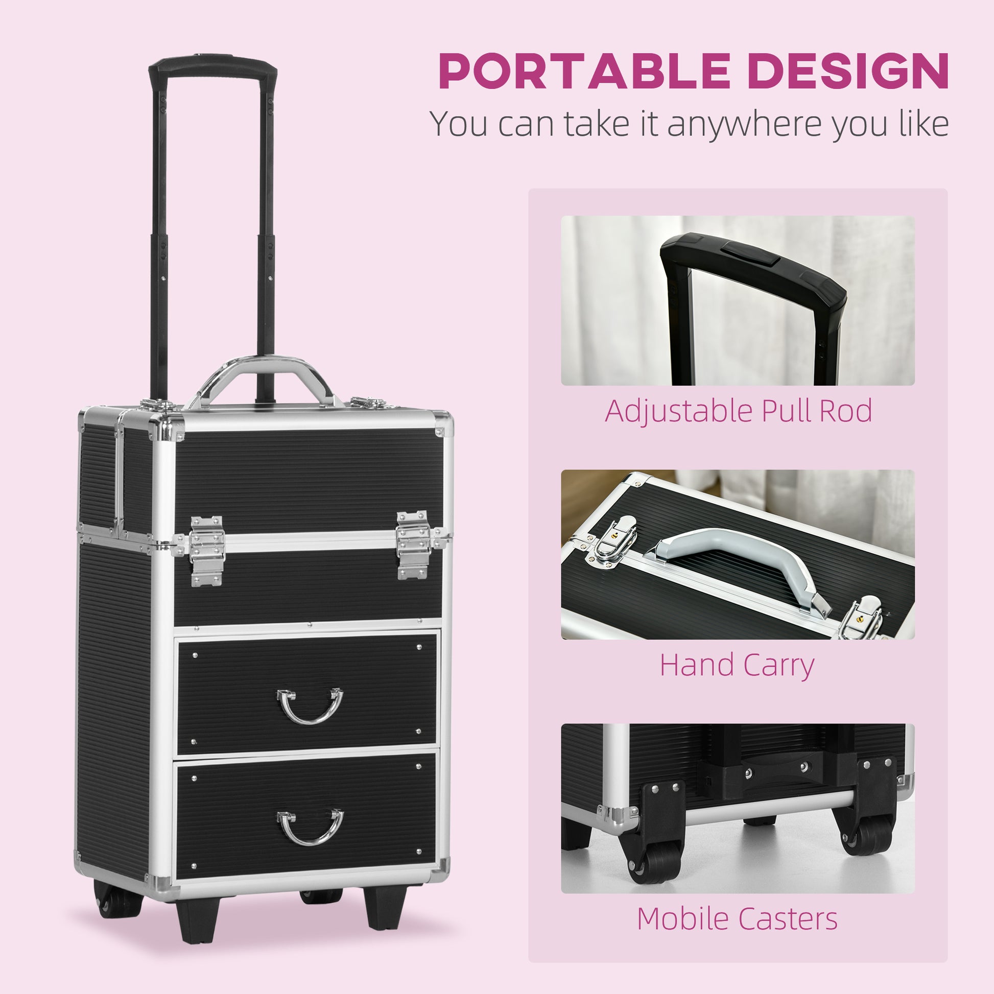 Black rolling makeup case with silver trim and two drawers