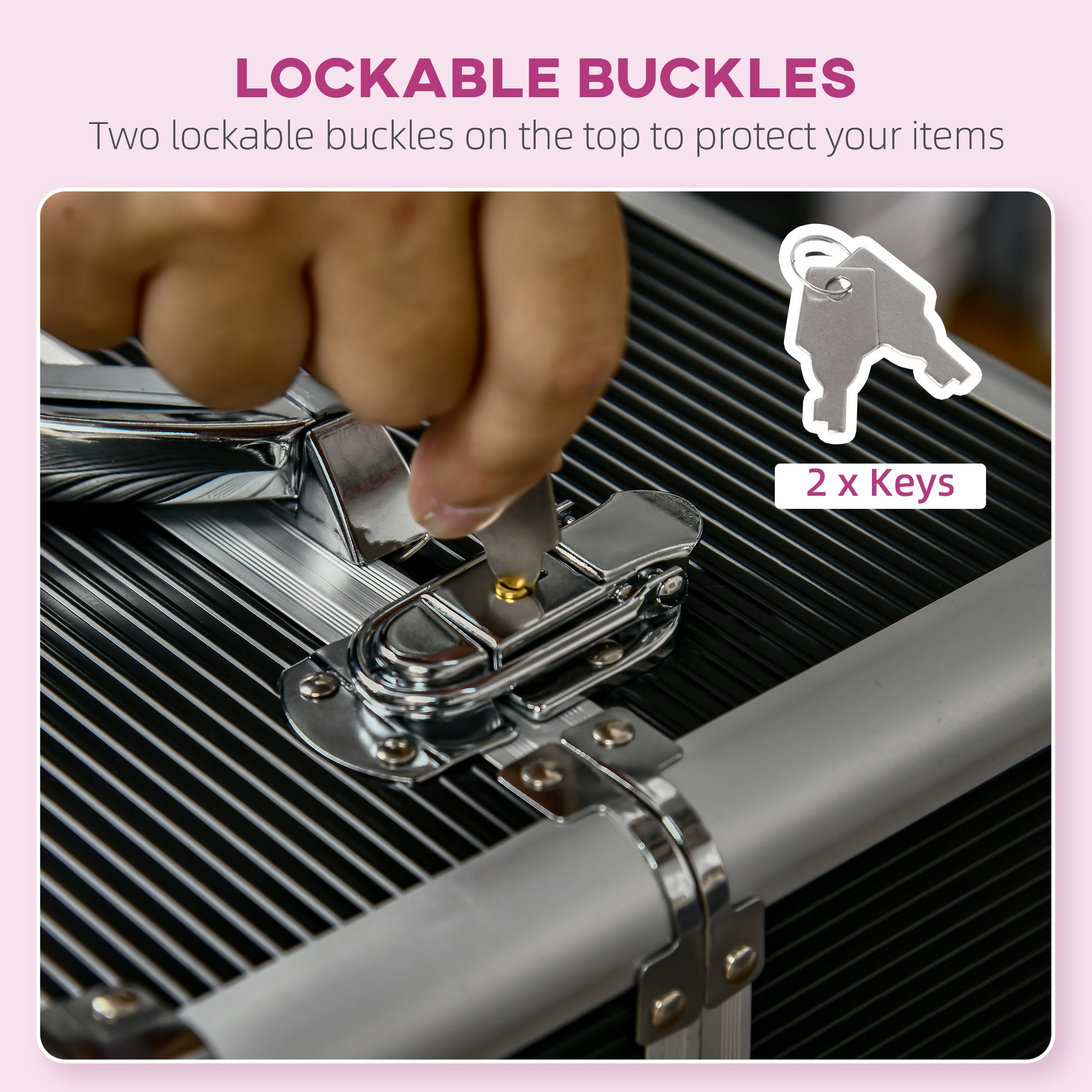 Closeup of a hand inserting a key into a lockable buckle on a silver and black briefcase