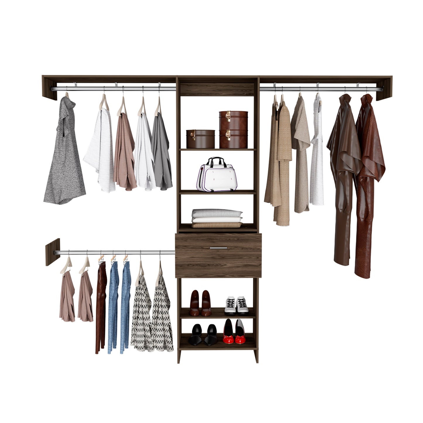 Grey patterned dress hanging in a modern closet