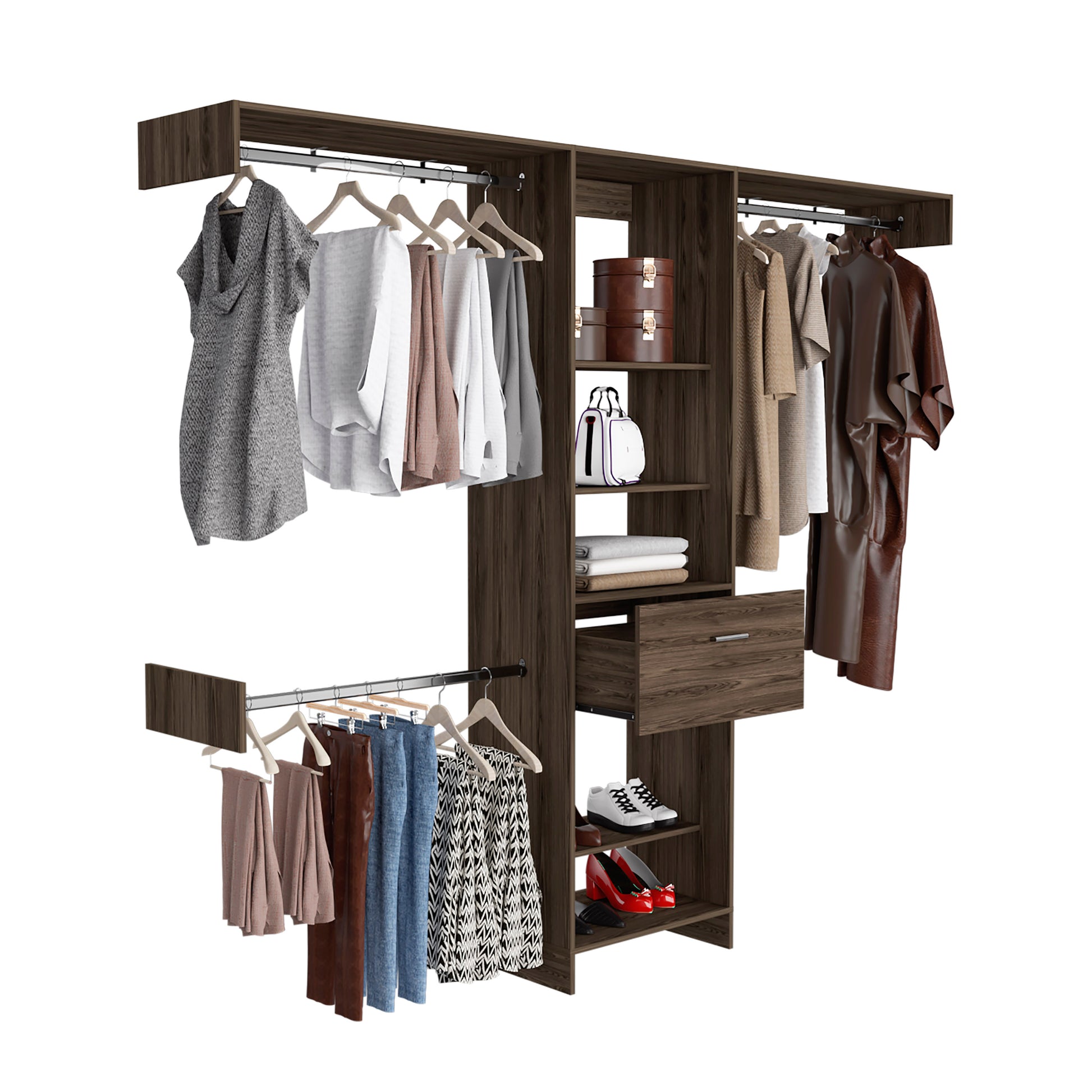 Dark wood closet organizer with hanging sweaters and dresses