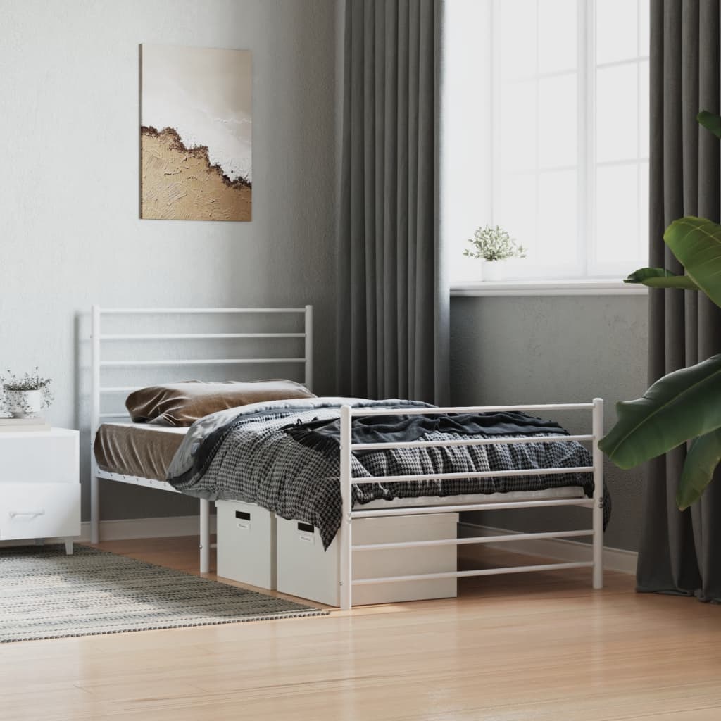 White metal twin bed frame with horizontal slats on headboard and footboard