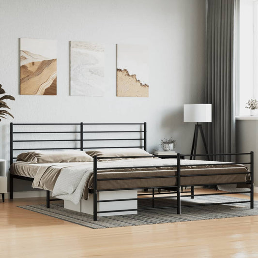 Modern black metal platform bed frame with a horizontal slat headboard