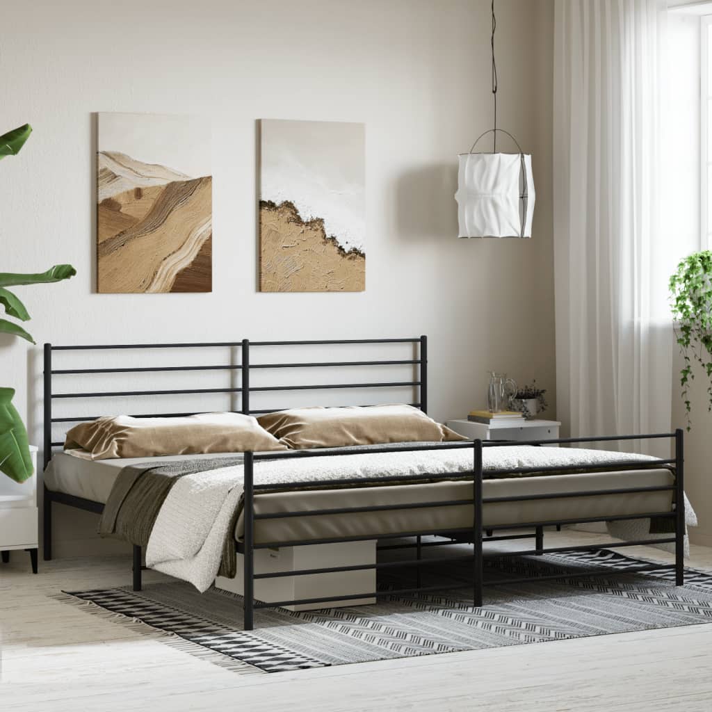 Modern black metal bed frame with sleek horizontal slats and a patterned comforter