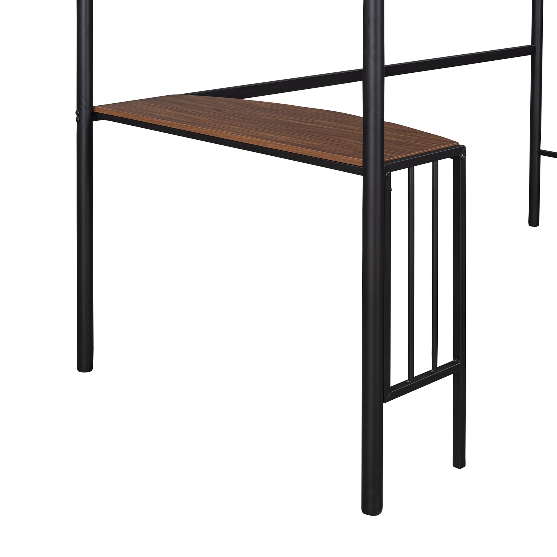 Dark wood shelf on black metal frame shelving unit