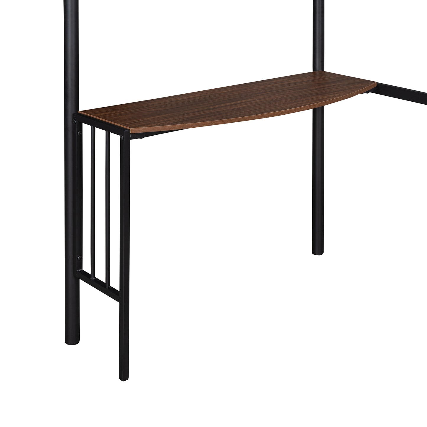 Walnut veneer desktop with curved edge on black metal frame