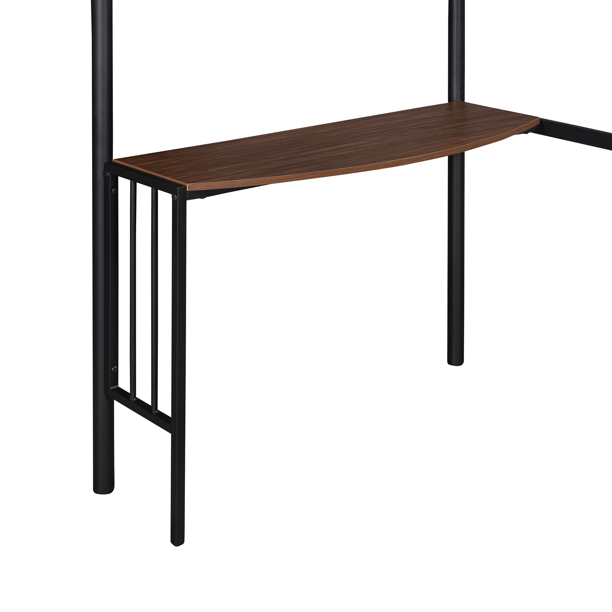 Walnut veneer desktop with curved edge on black metal frame