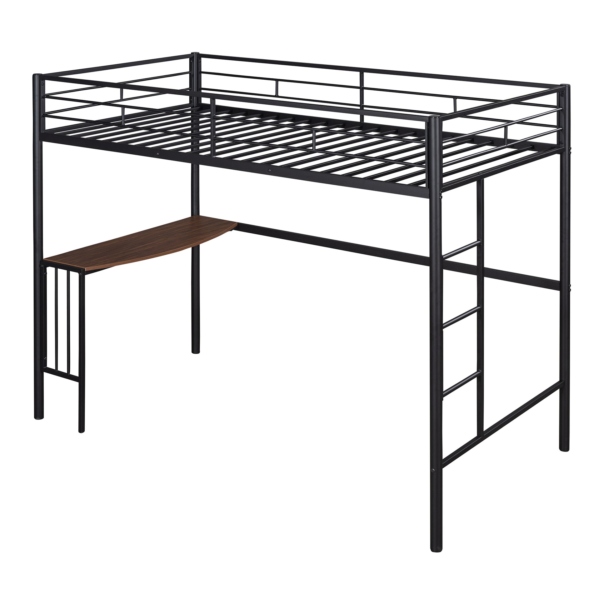 Black metal loft bed with builtin desk and ladder