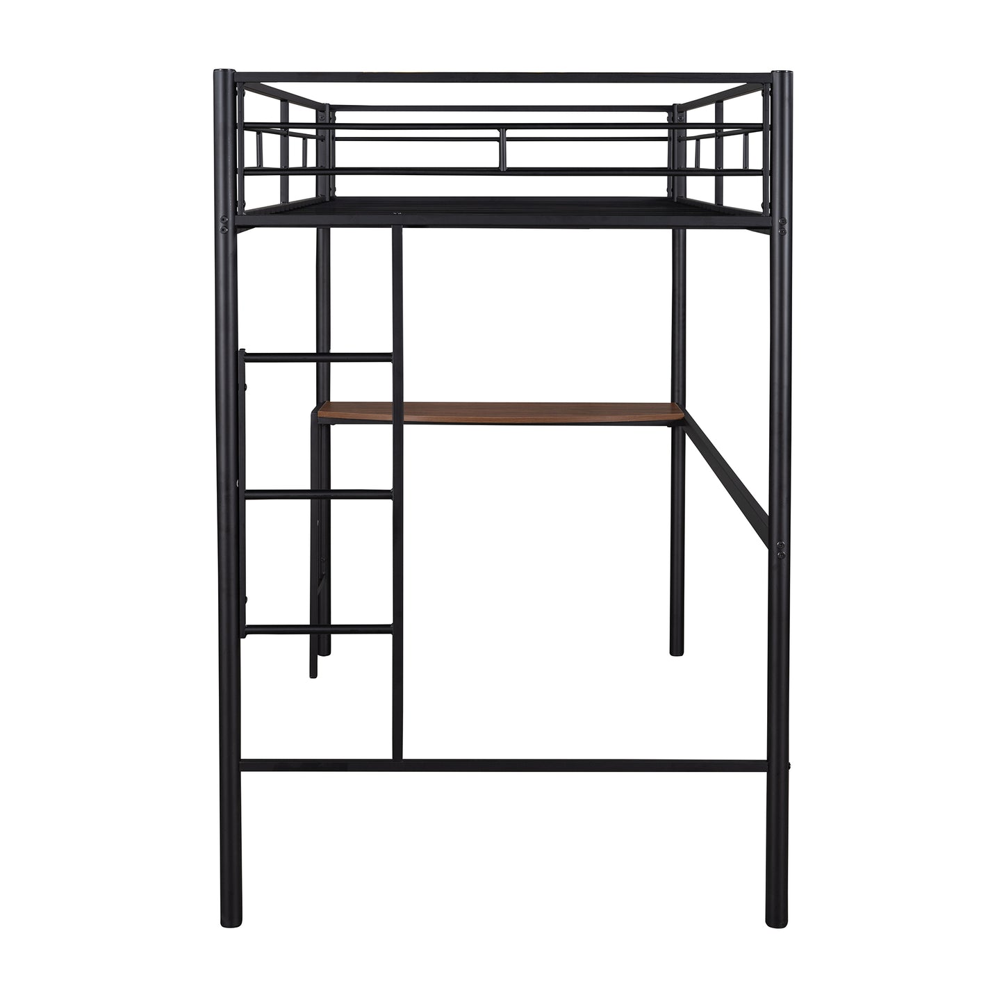 Black metal twin loft bed with integrated desk and ladder