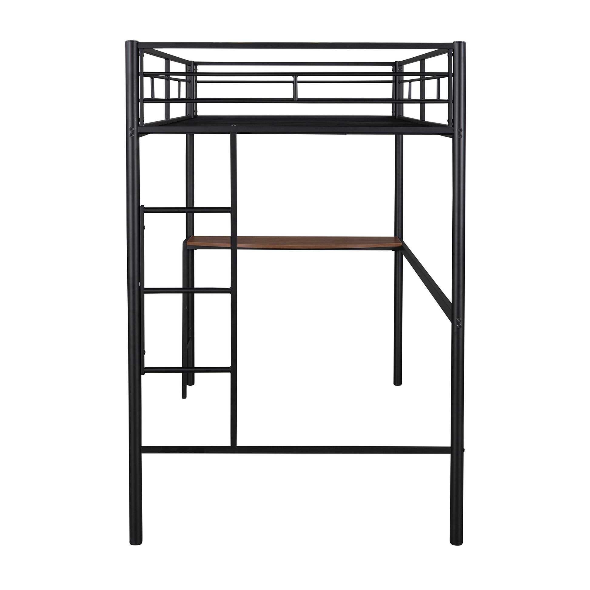 Black metal twin loft bed with integrated desk and ladder
