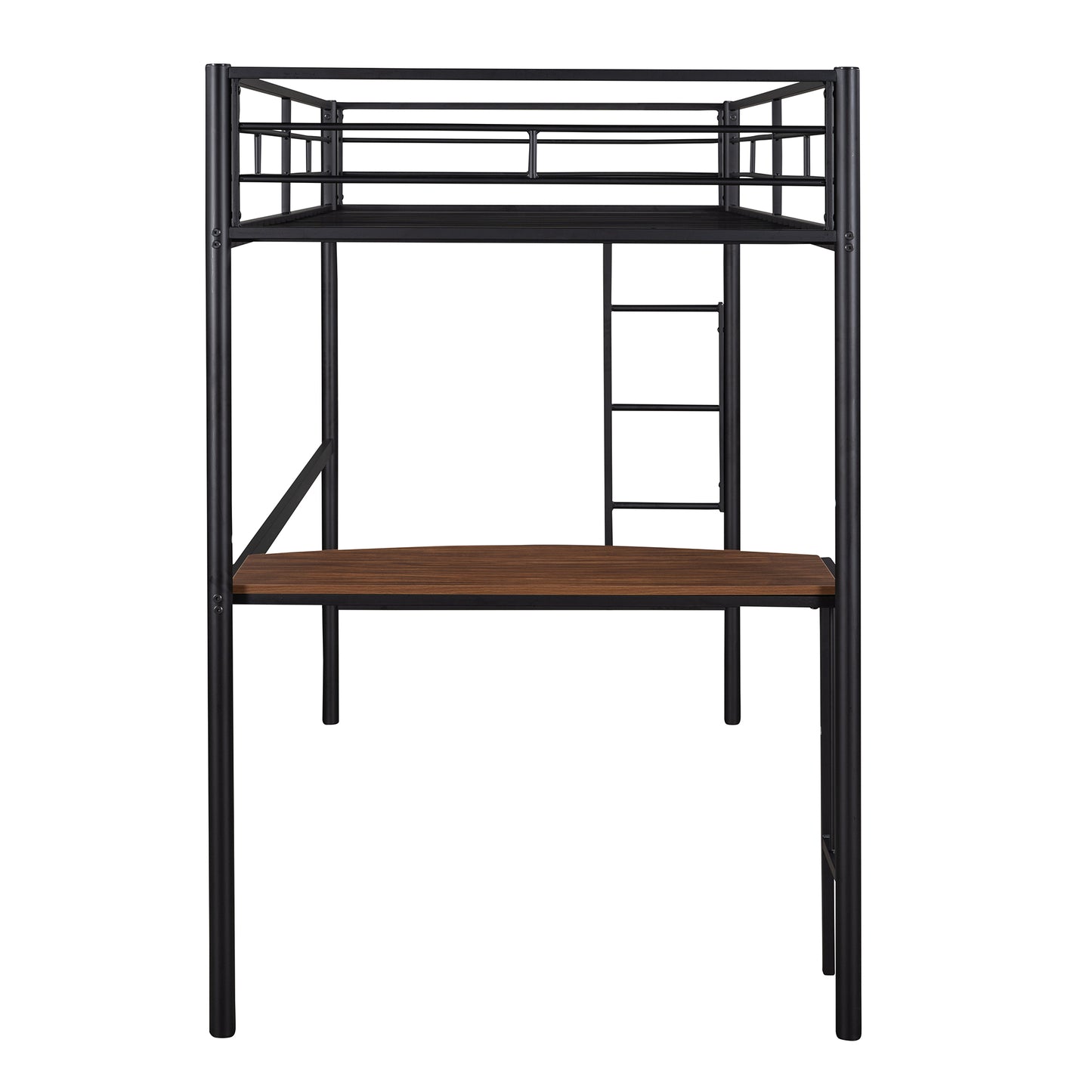 Black metal loft bed with integrated walnut desk and ladder for kids