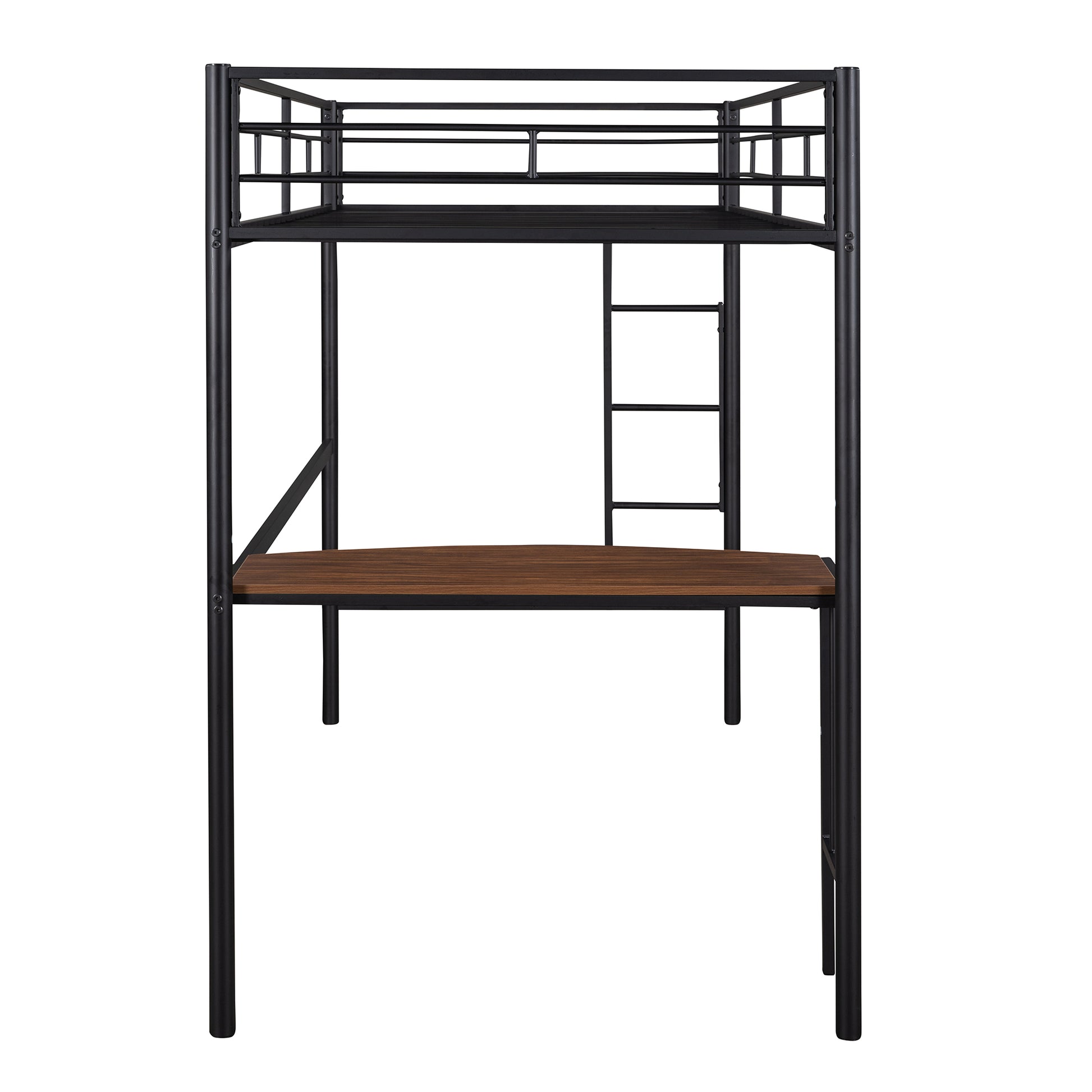 Black metal loft bed with integrated walnut desk and ladder for kids