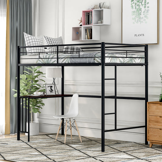 Black metal loft bed with desk and mattress
