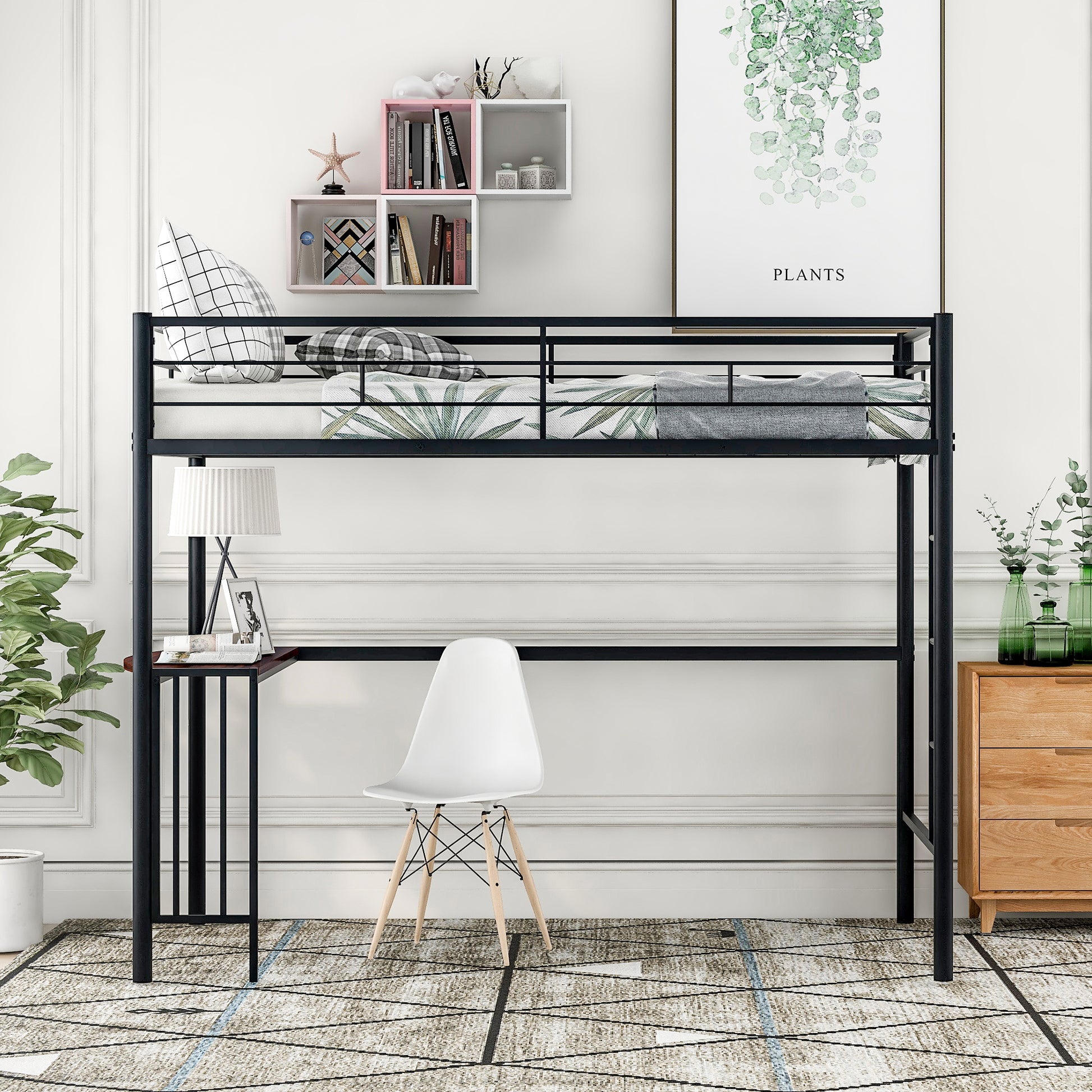 Black metal loft bed with integrated desk and bedding