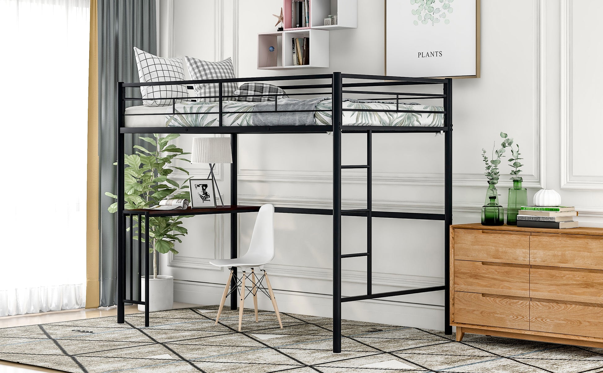 Black metal loft bed with desk and white chair featuring plaid pillows and botanical bedding