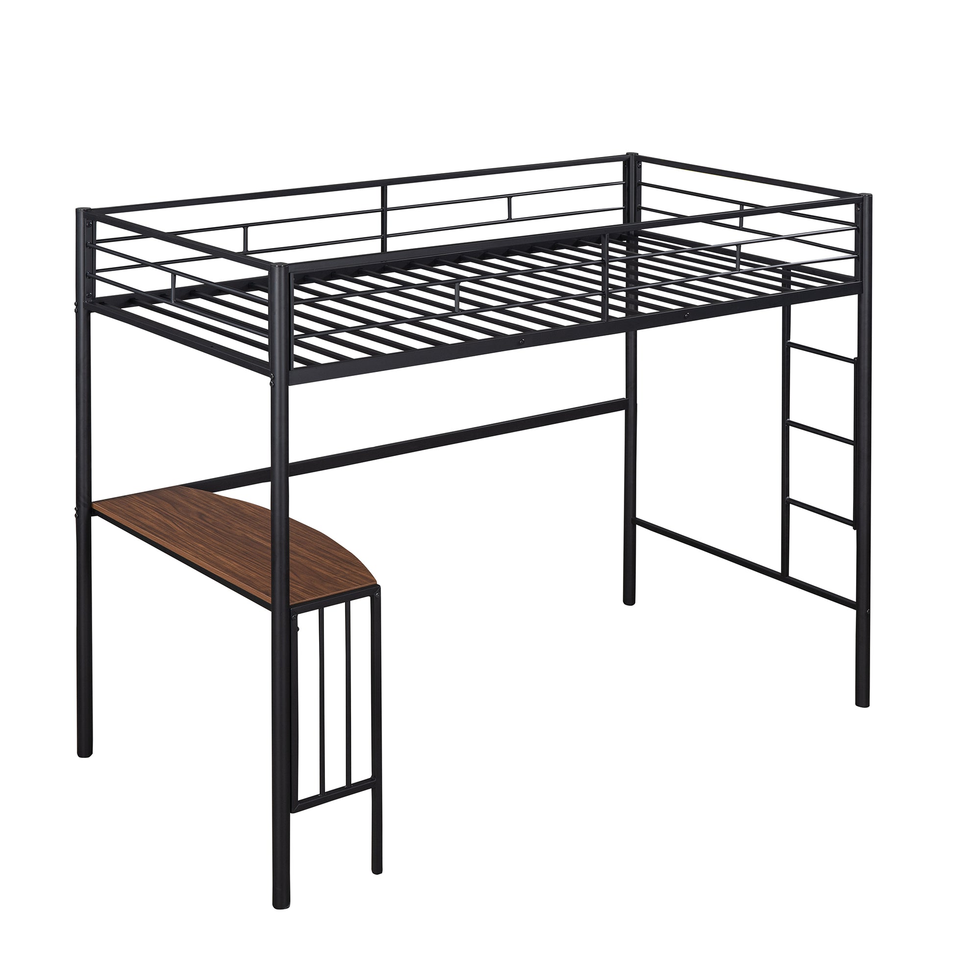 Black metal loft bed with integrated wooden desk and ladder