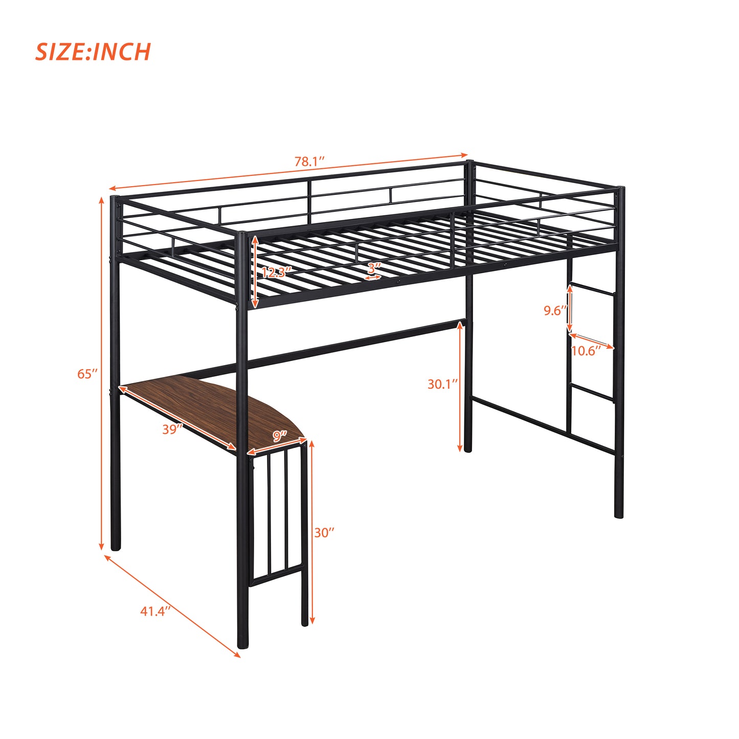 Black metal loft bed with integrated desk showcasing spacesaving design for kids