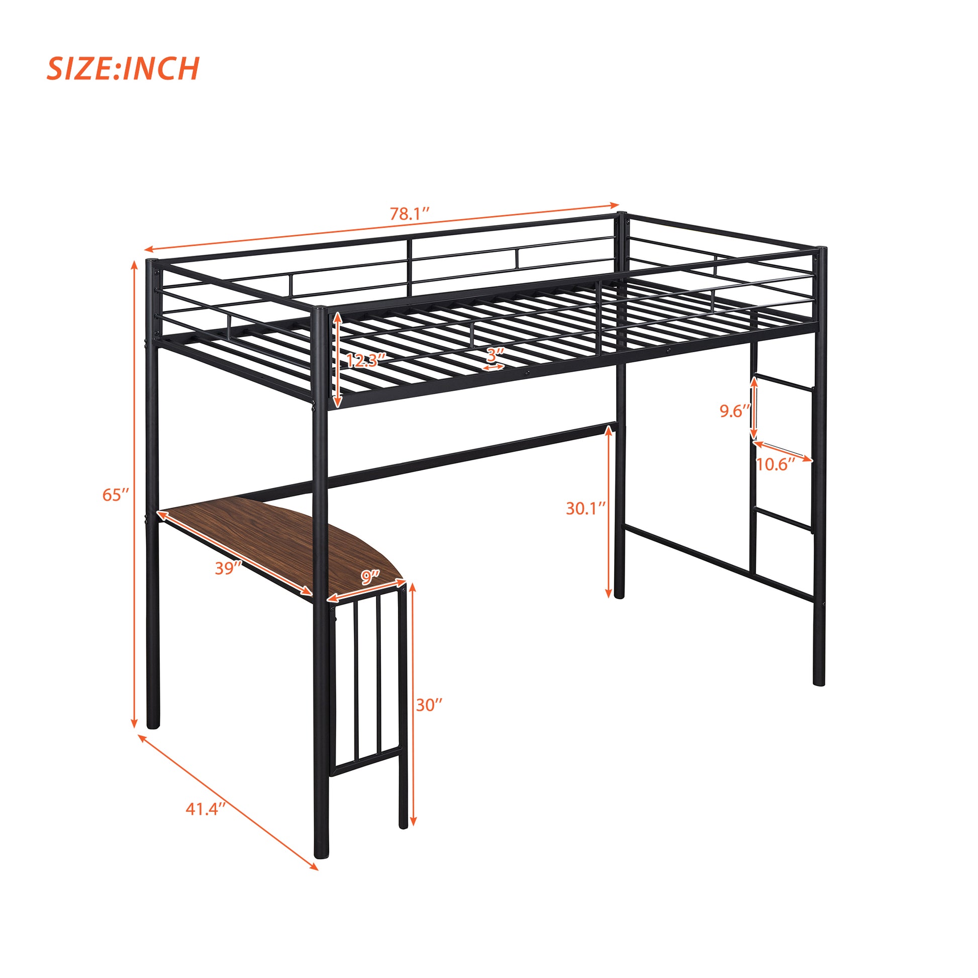 Black metal loft bed with integrated desk showcasing spacesaving design for kids