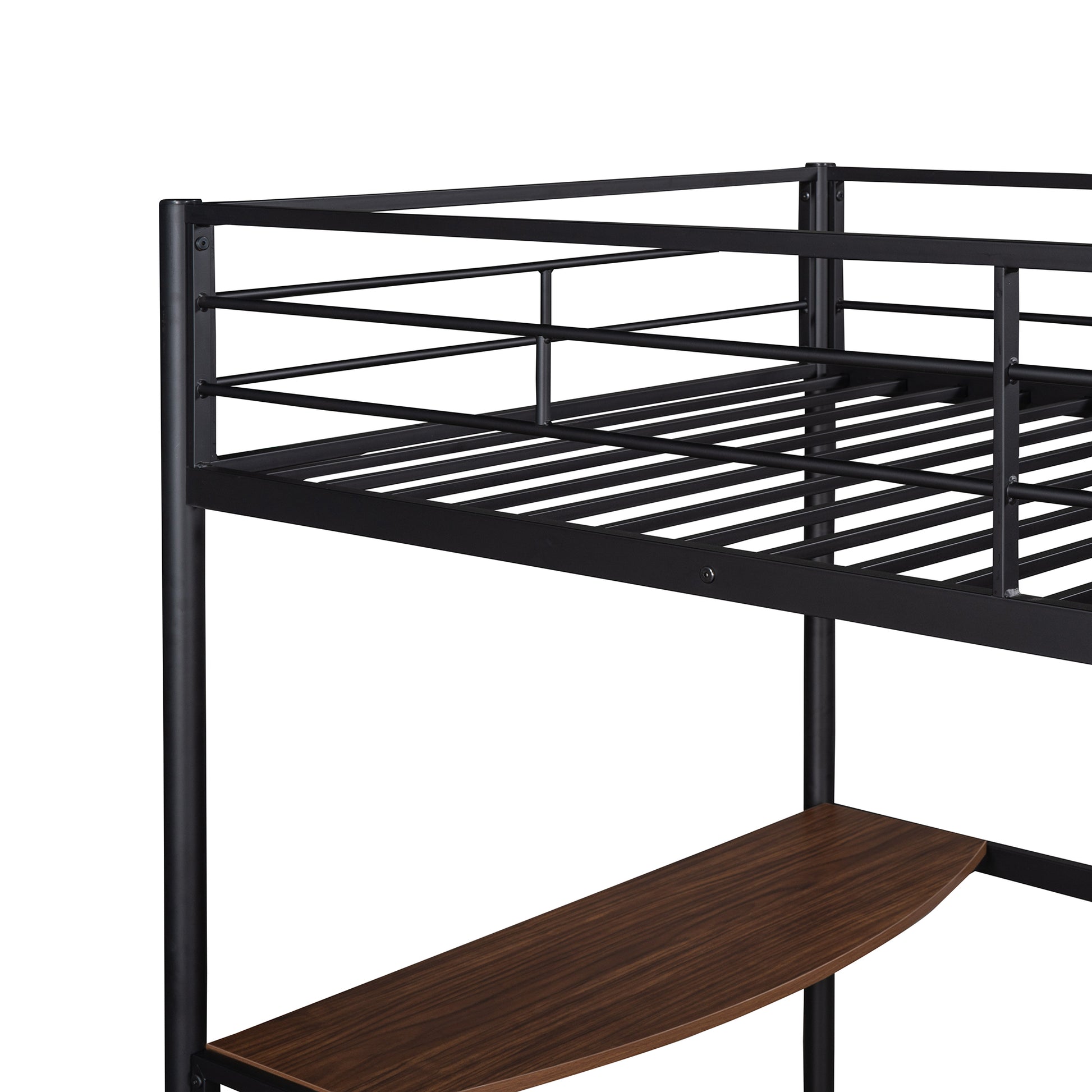 Black metal loft bed frame with slatted support and curved wood shelf