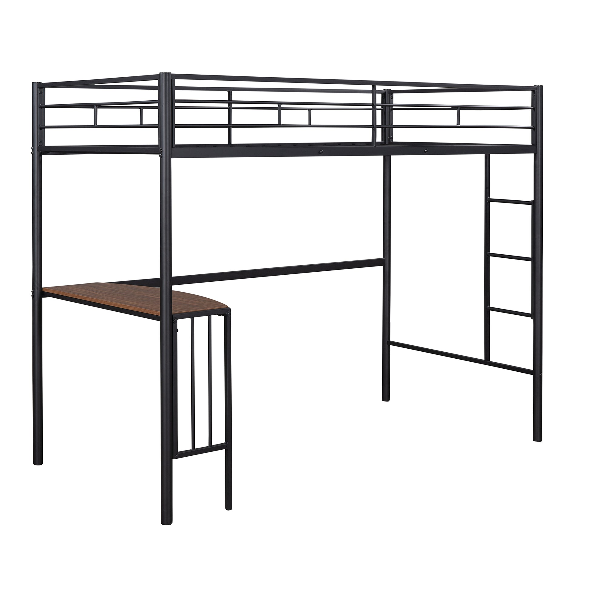 Black metal loft bed with integrated woodlook desk