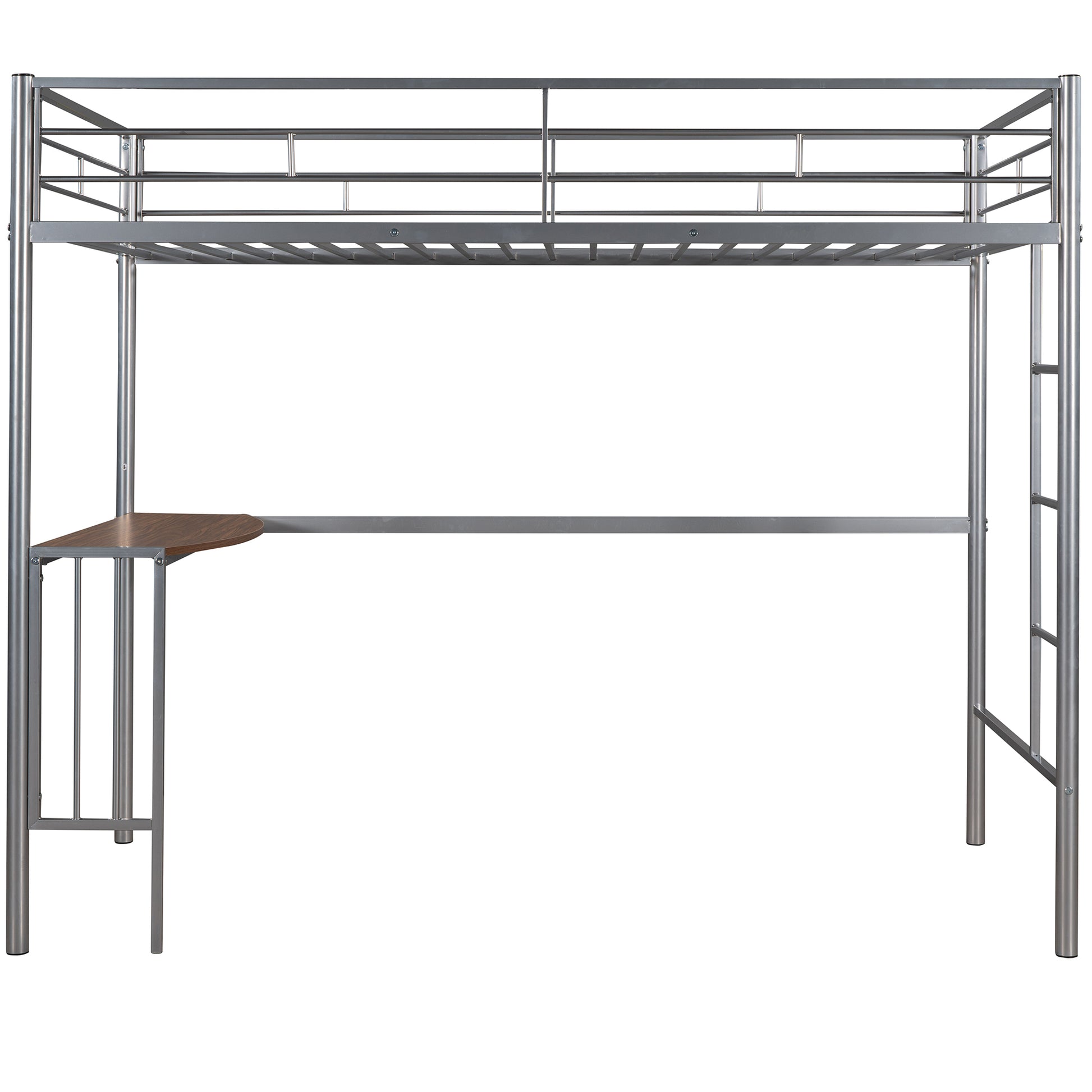 Silver metal loft bed with integrated desk and ladder for small spaces