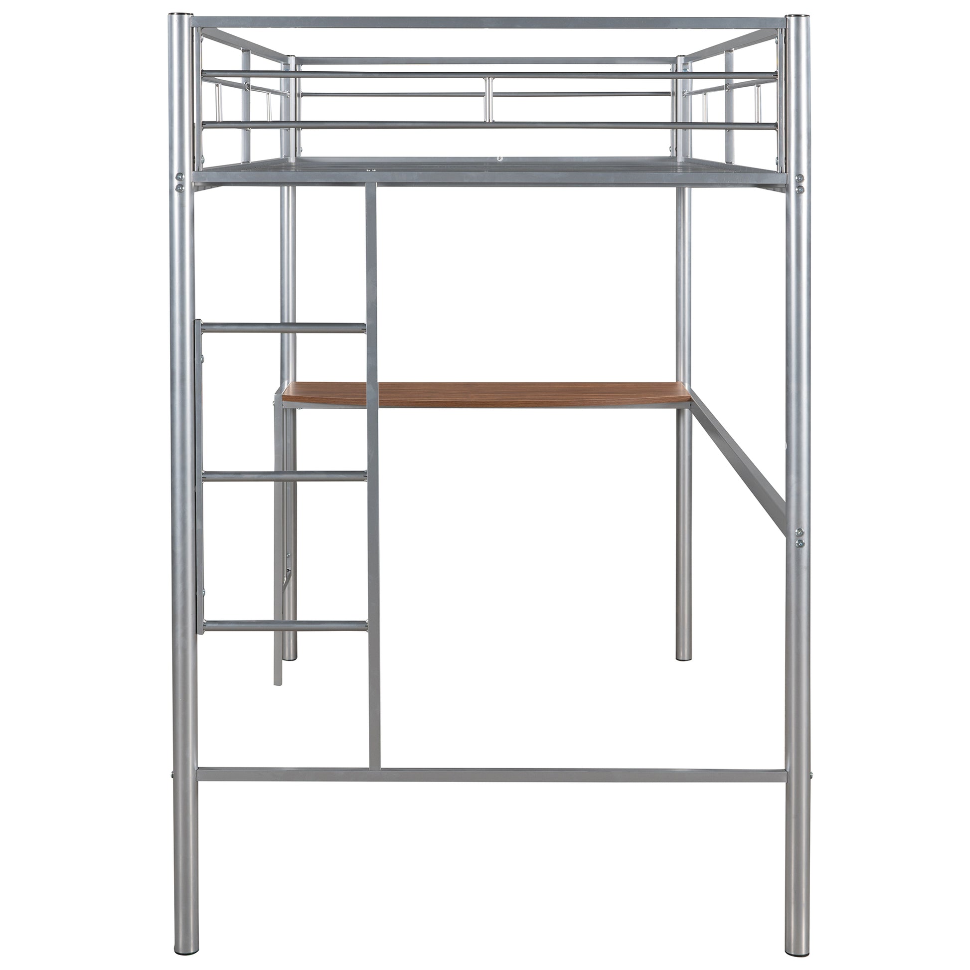 Silver metal loft bed with integrated desk and ladder