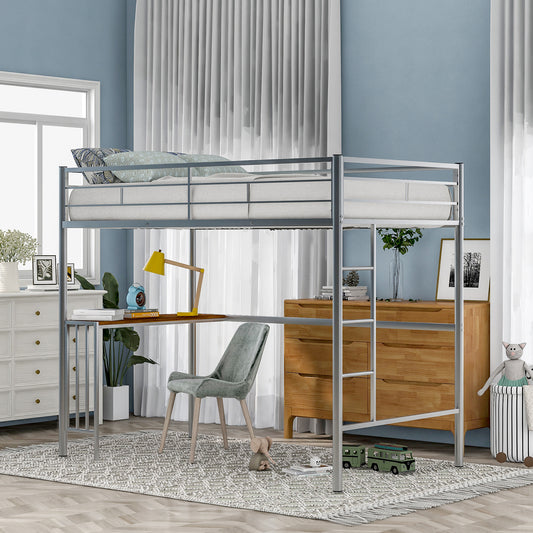 Silver metal loft bed with integrated desk and chair