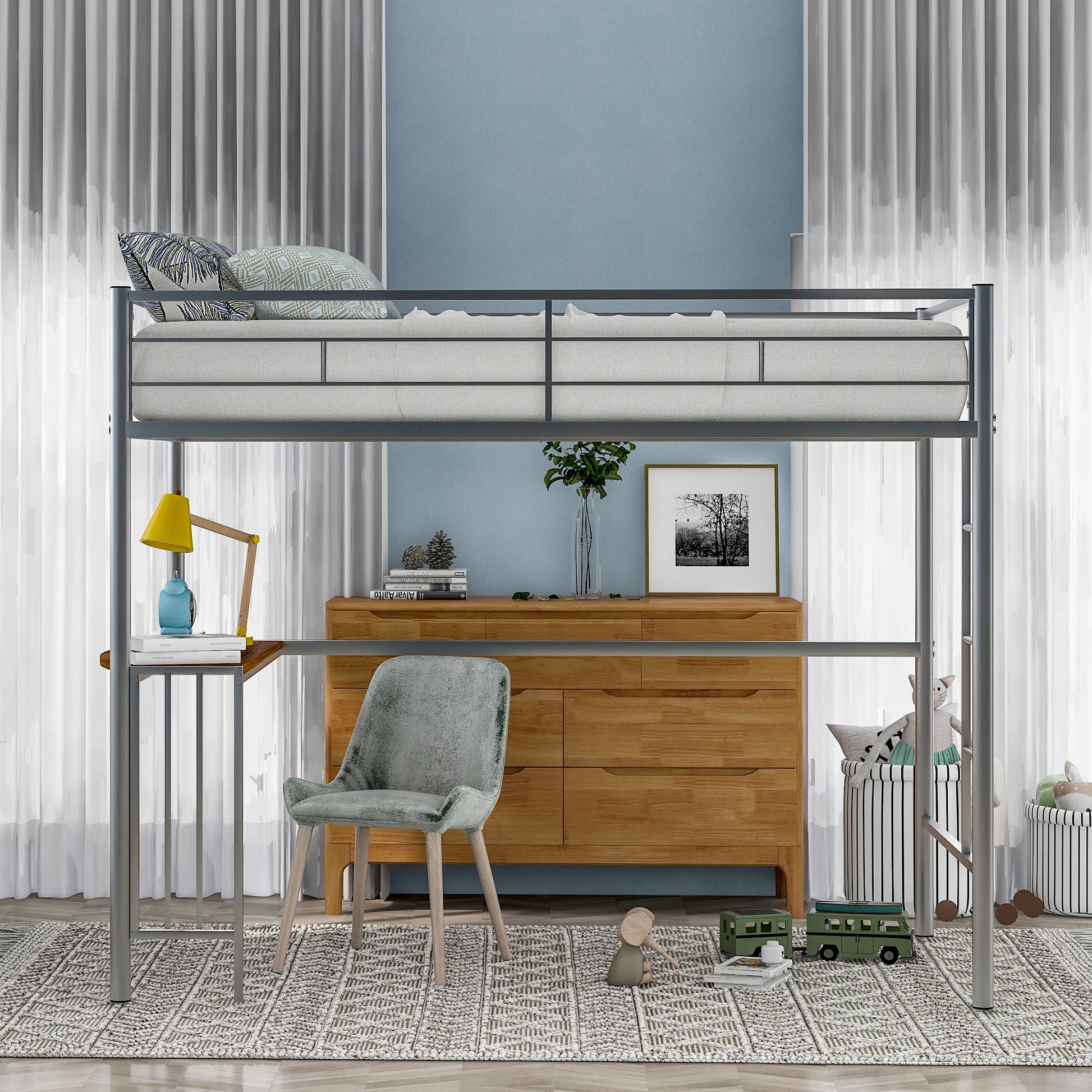 Gray metal loft bed with integrated desk and mattress