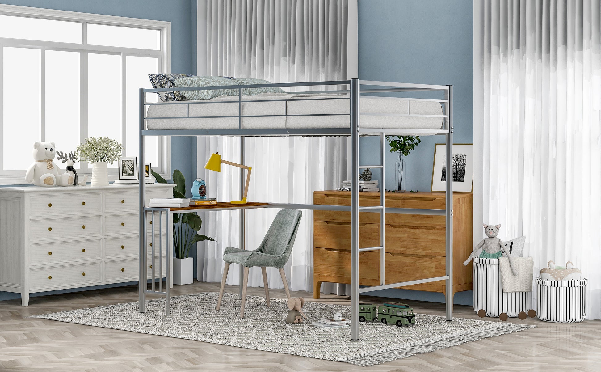 Silver metal twin loft bed with integrated desk and grey upholstered chair