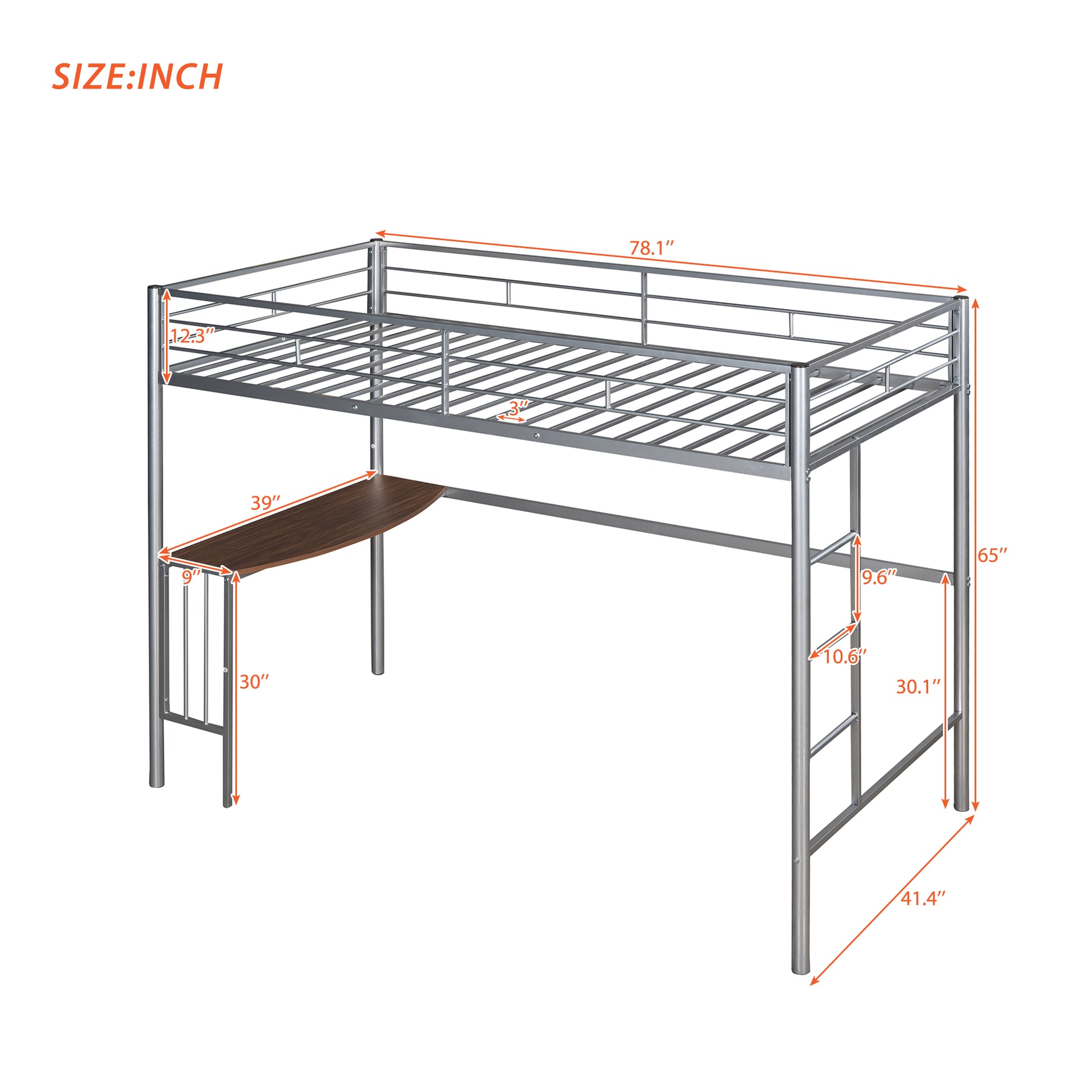 Silver metal loft bed frame with integrated desk  L x  W