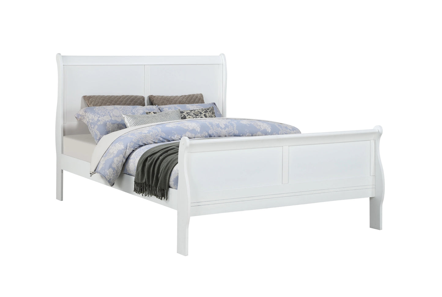 Classic white sleigh bed with ornate patterned bedding and a dark green throw blanket