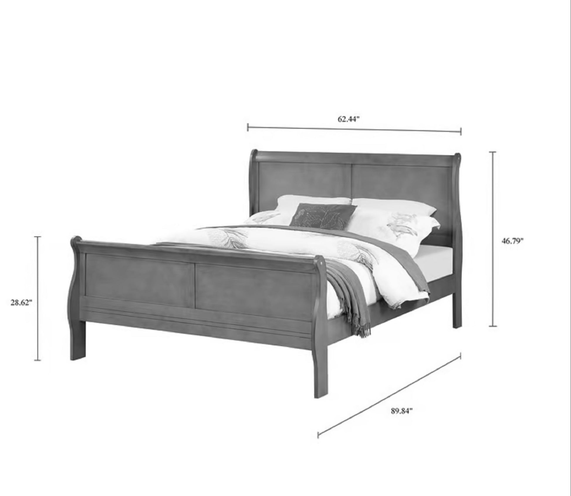 Gray wooden sleigh bed with upholstered headboard and footboard