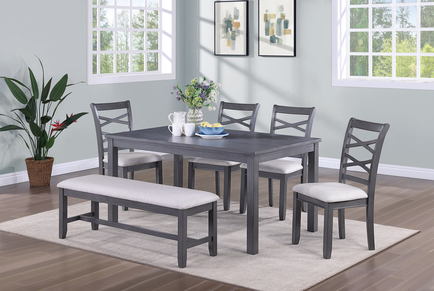 TREATLIFE HOME Modern 6-Piece Dining Set with Rectangular Table, 4 Upholstered Chairs, and Upholstered Bench, Grey Mix Finish