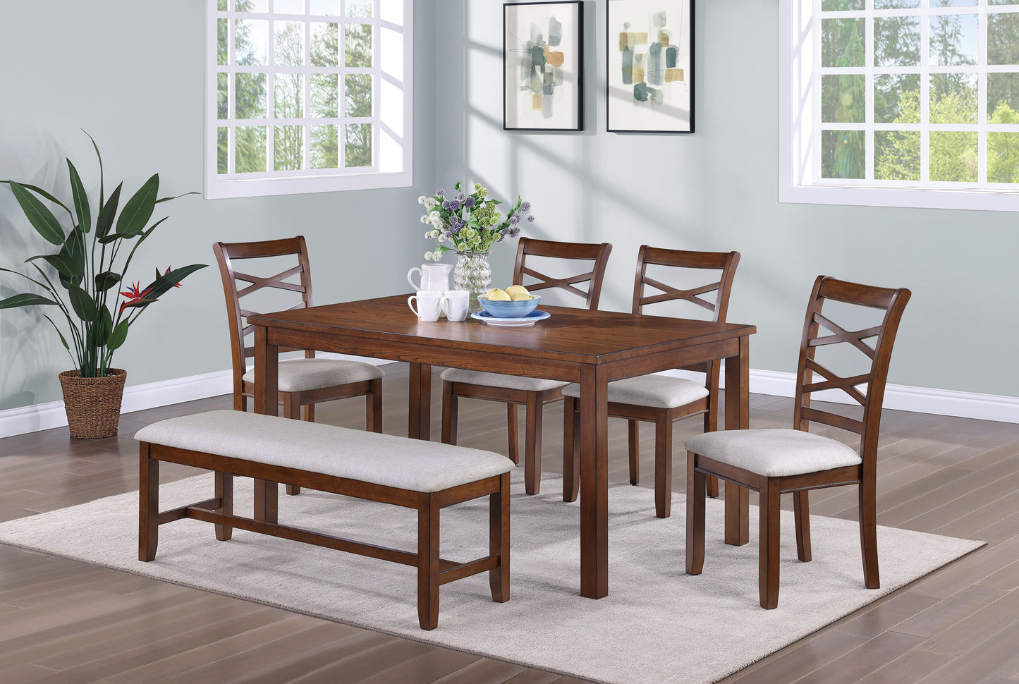 TREATLIFE HOME Modern 6-Piece Dining Set with Rectangular Table, 4 Upholstered Side Chairs, and Bench, Wood Color
