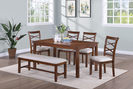 TREATLIFE HOME Modern 6-Piece Dining Set with Rectangular Table, 4 Upholstered Side Chairs, and Bench, Wood Color