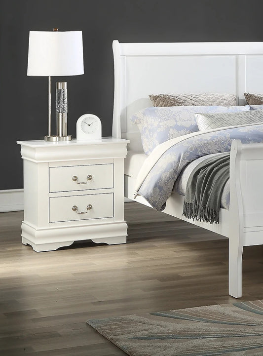 White twodrawer nightstand with silver pull handles
