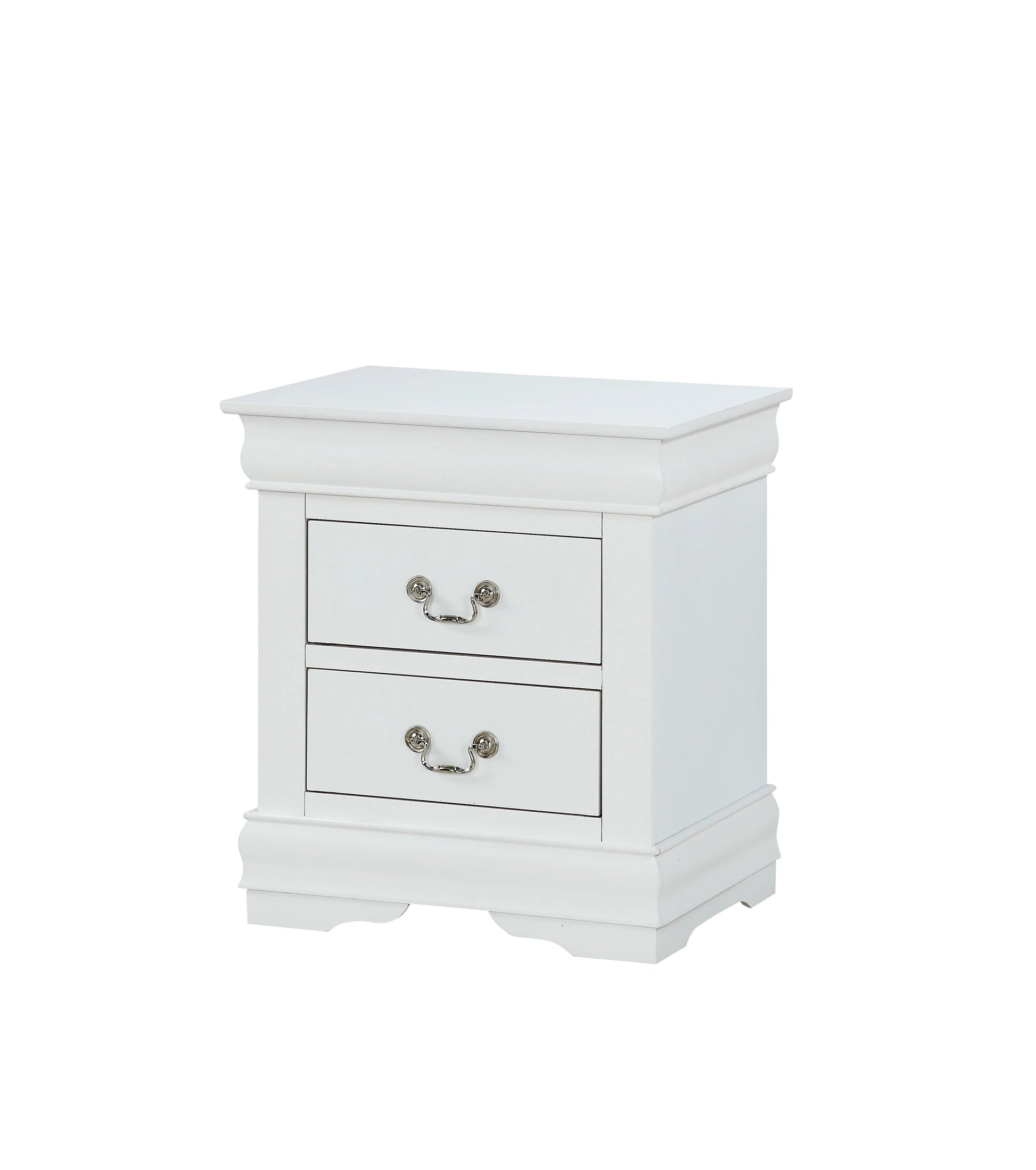 White wood nightstand with two silver pull drawers and decorative base molding