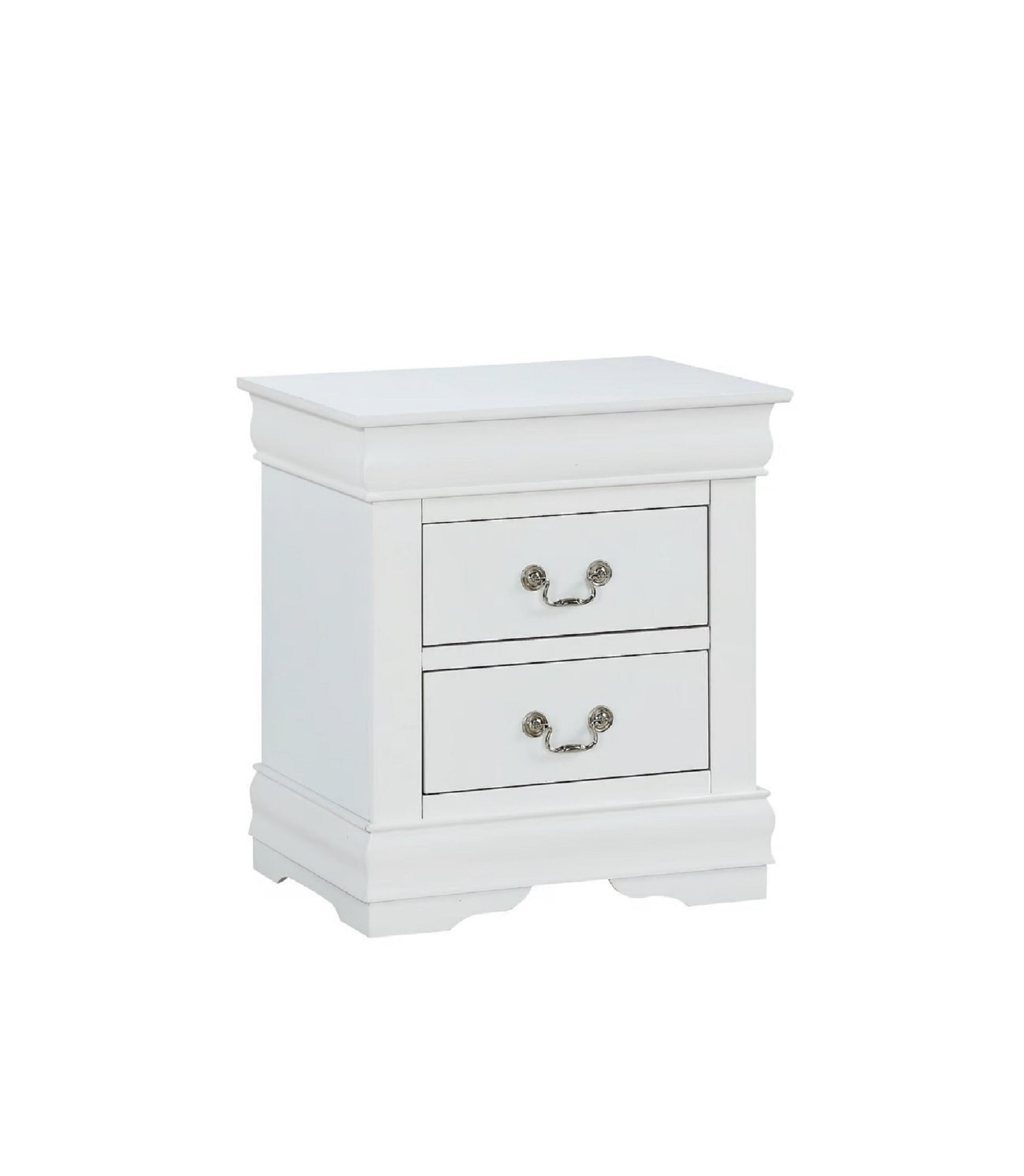 White twodrawer nightstand with ornate silver pulls