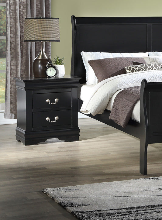 Black sleigh bed frame with upholstered headboard and textured bedding