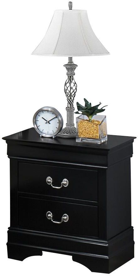 Black bedside table with two drawers and ornate hardware