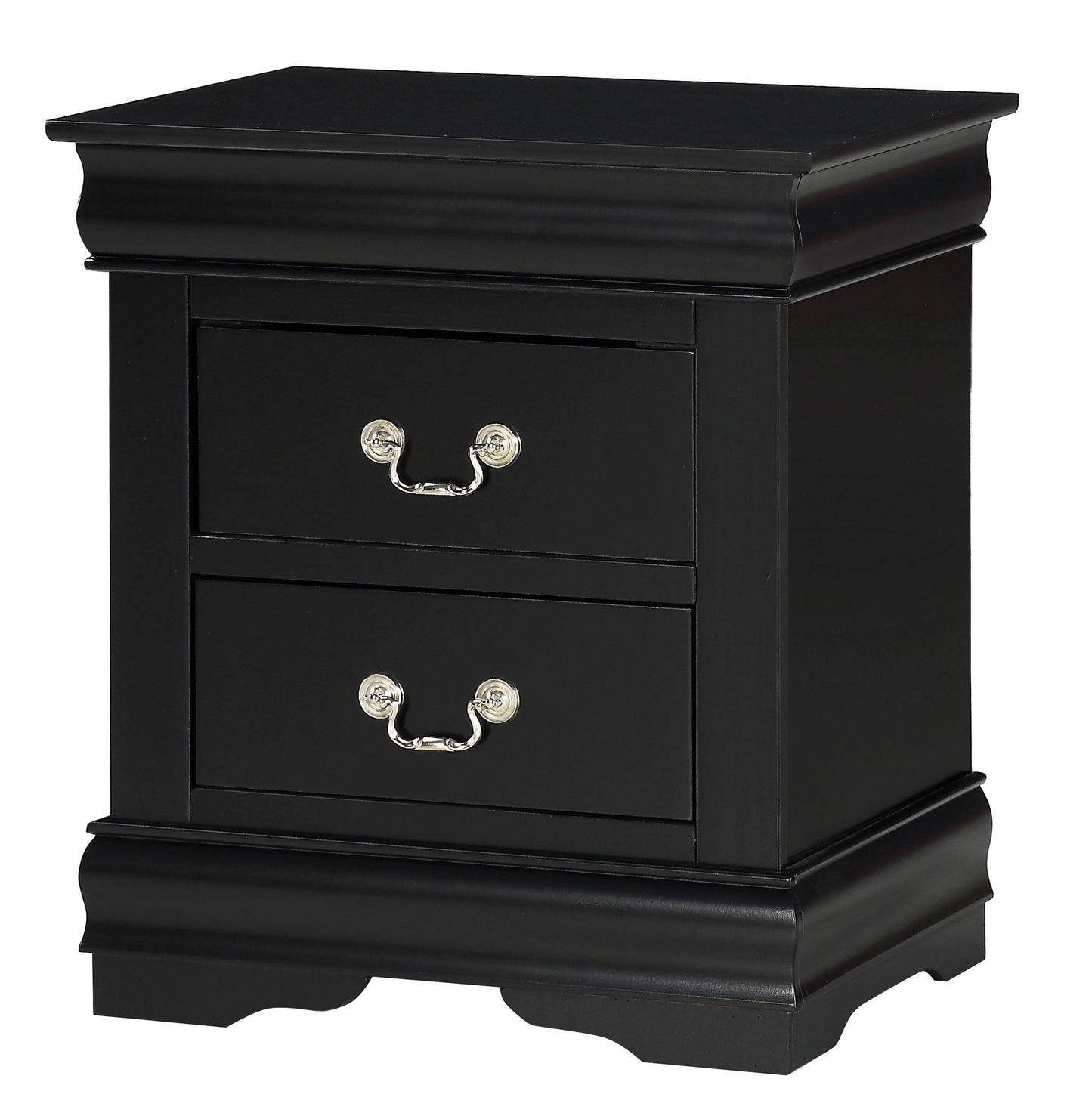 Black twodrawer nightstand with ornate silver hardware