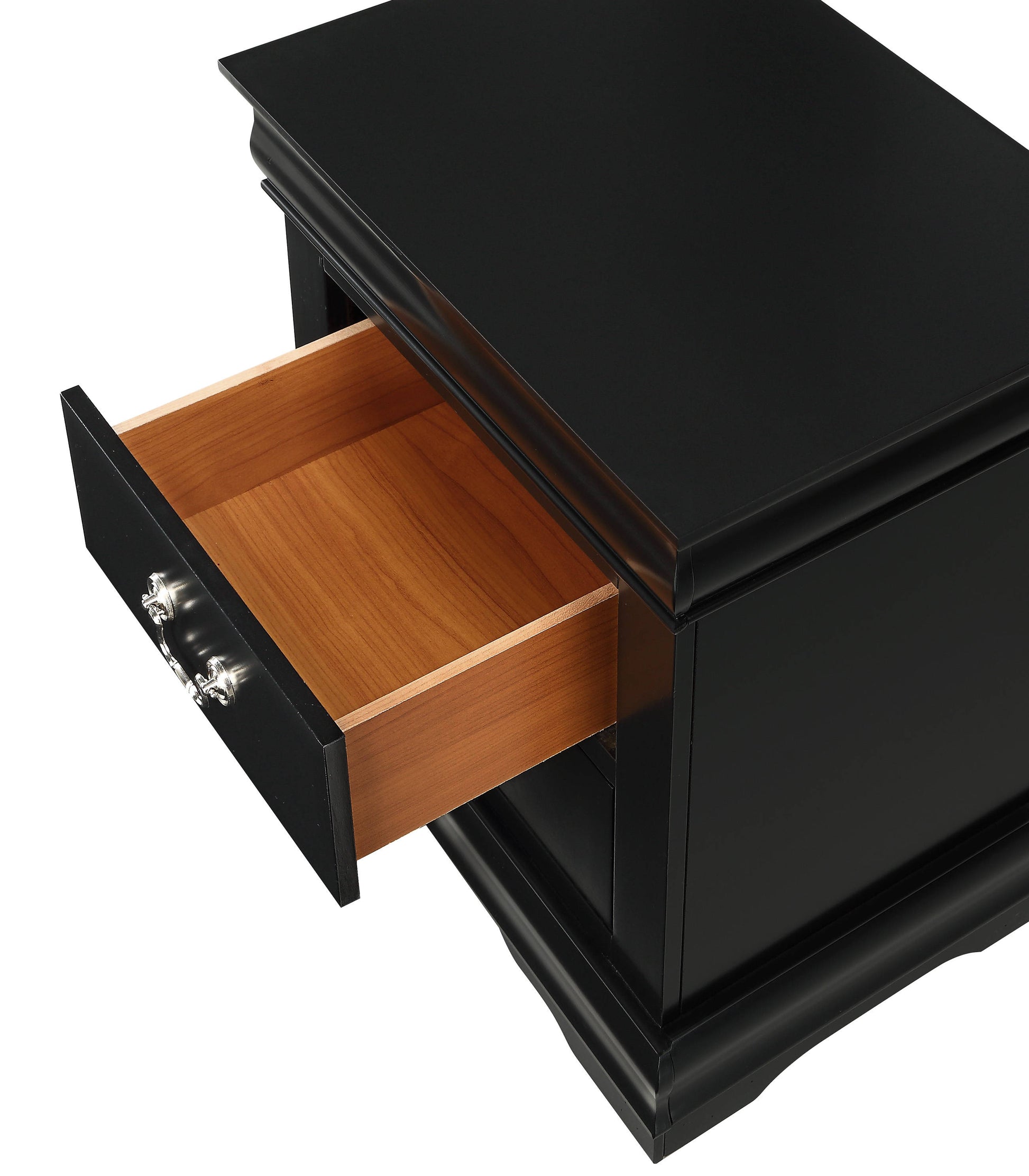 Black wooden nightstand with open drawer and silver pull
