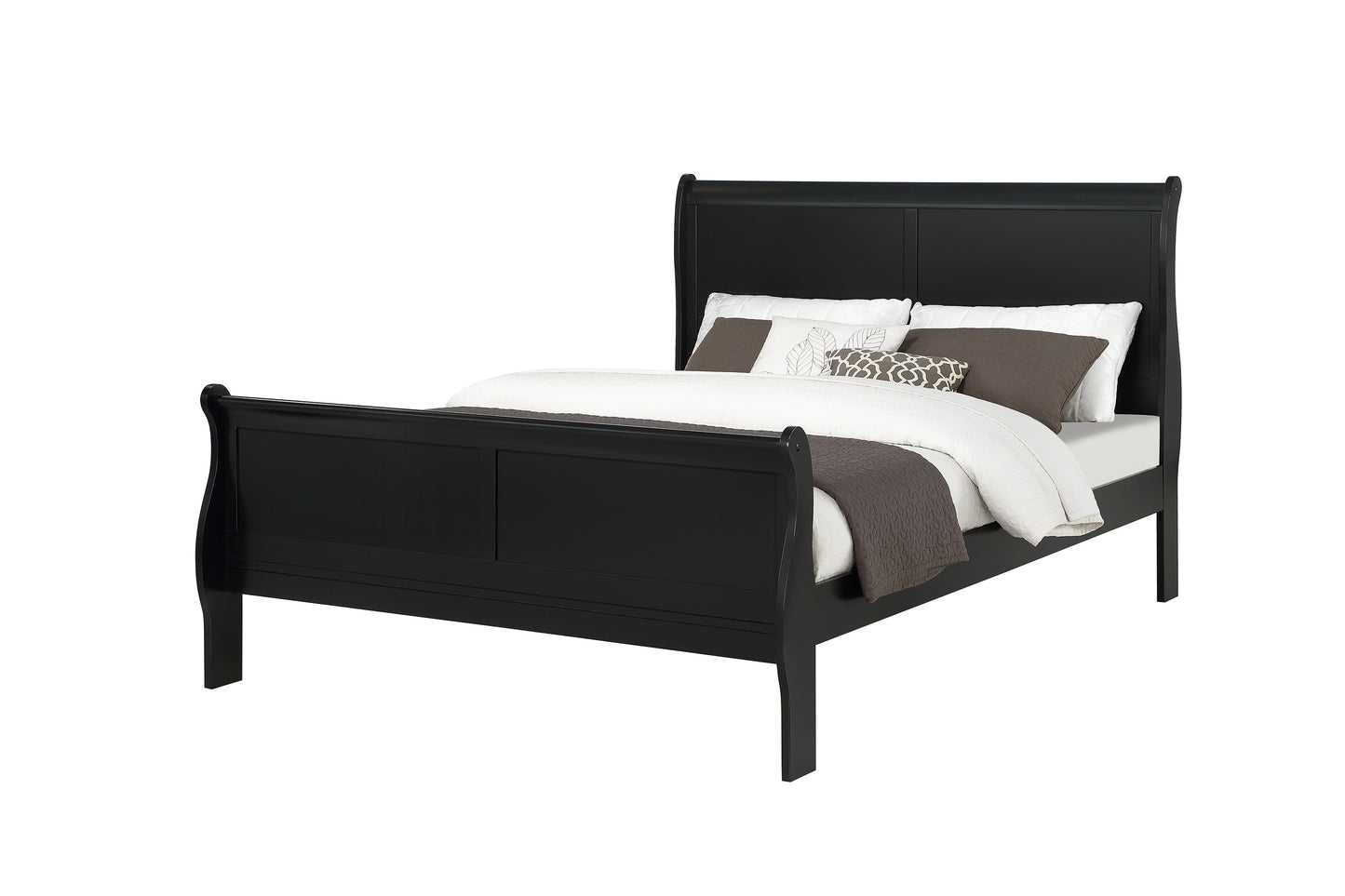 Black sleigh bed frame with cushioned headboard and footboard