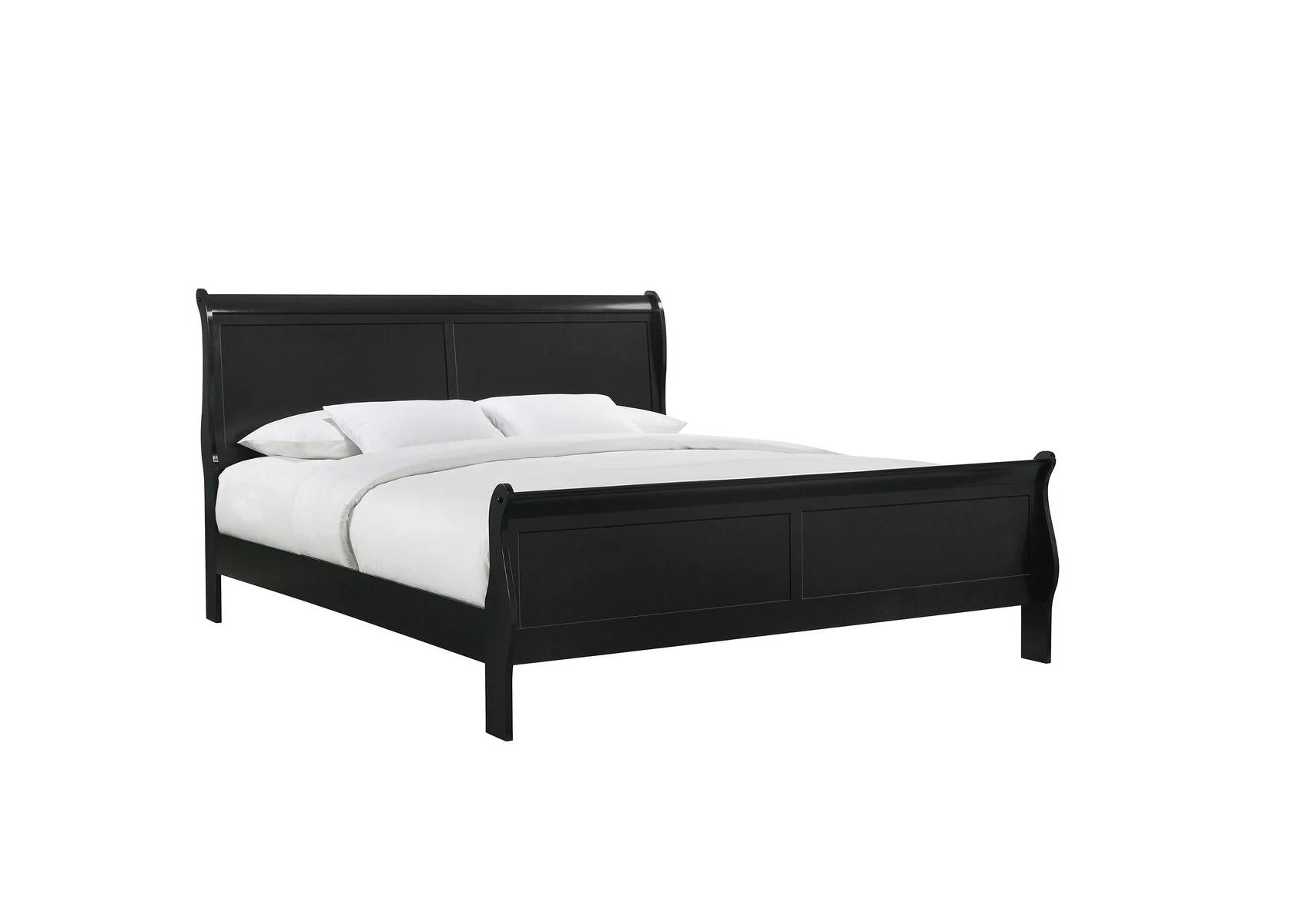 Black wooden sleigh bed with white linens