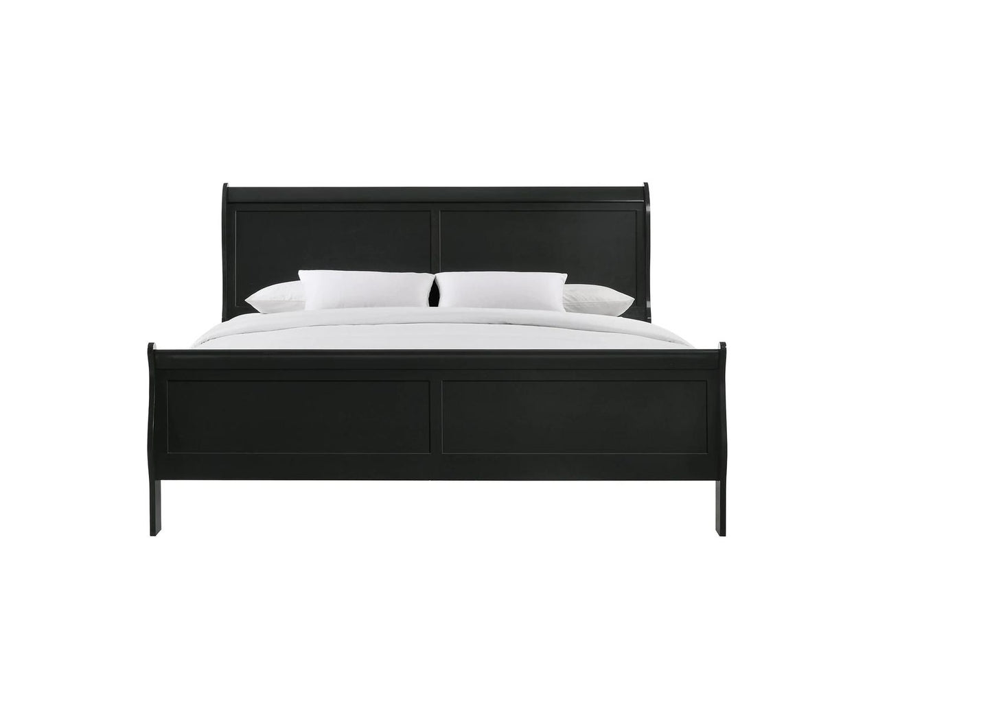 Black wooden sleigh bed with crisp white bedding and two pillows