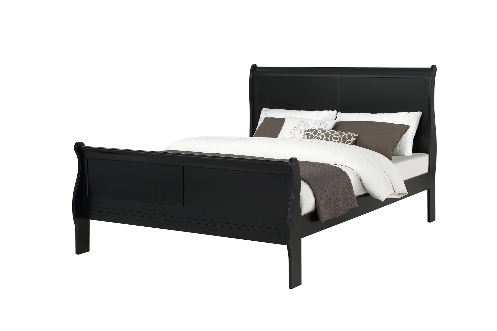 Black wooden sleigh bed with white bedding and throw pillows