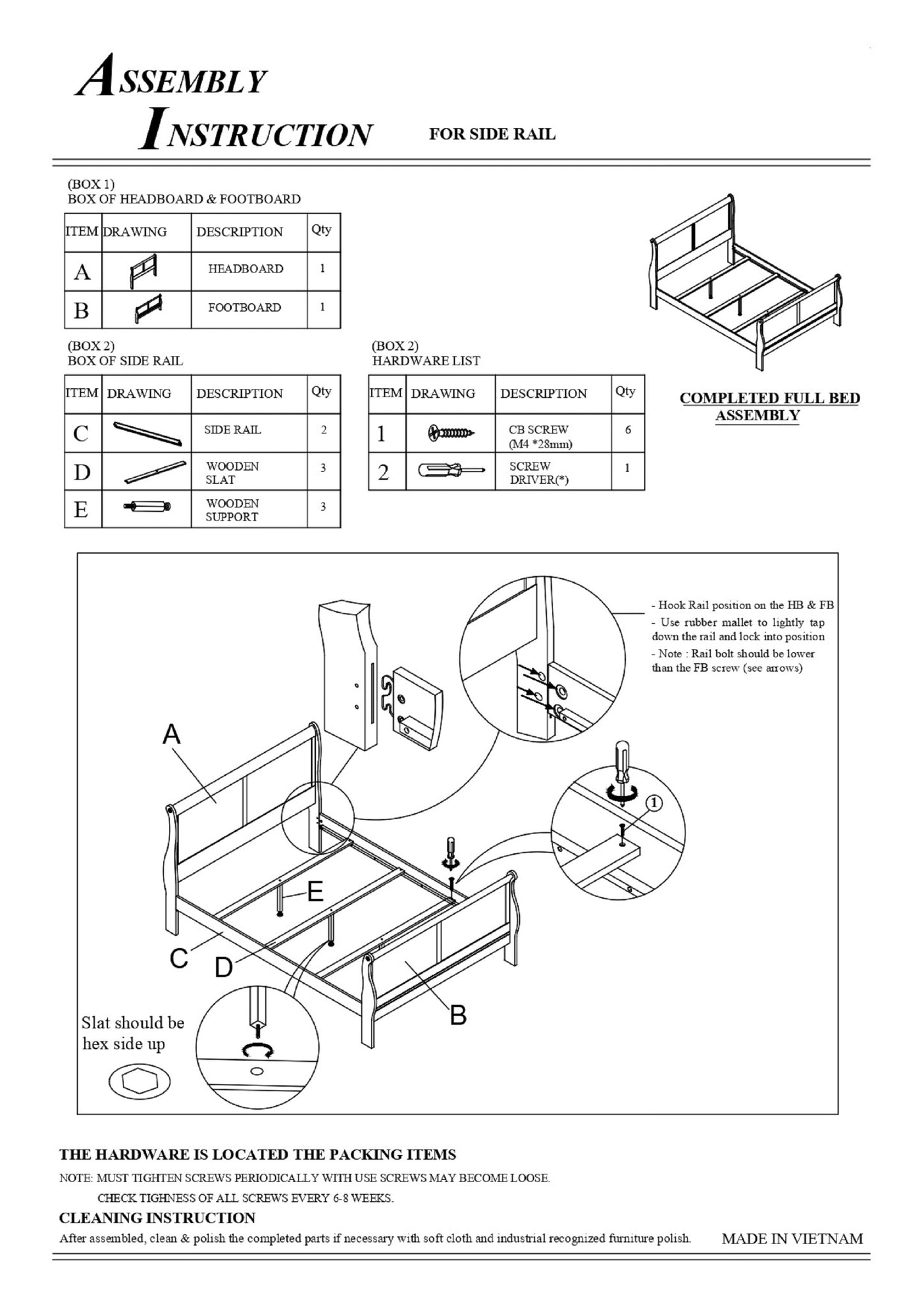 Assembly instructions diagram for a wooden full bed frame