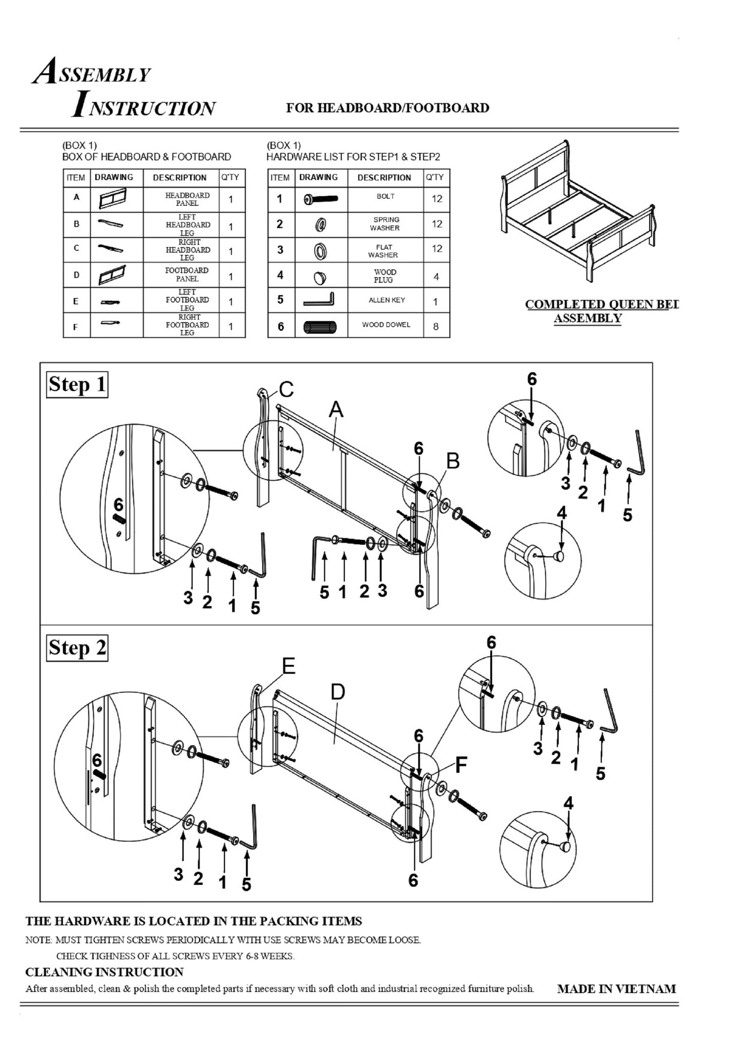 Queen size bed frame diagram showing headboard and footboard assembly