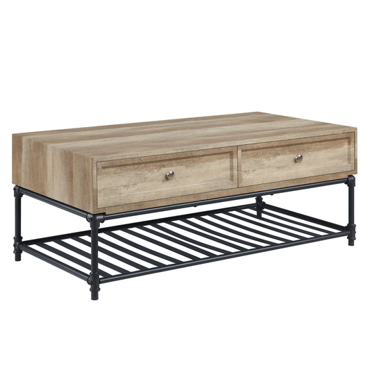Rustic wood coffee table with two drawers and black pipe legs